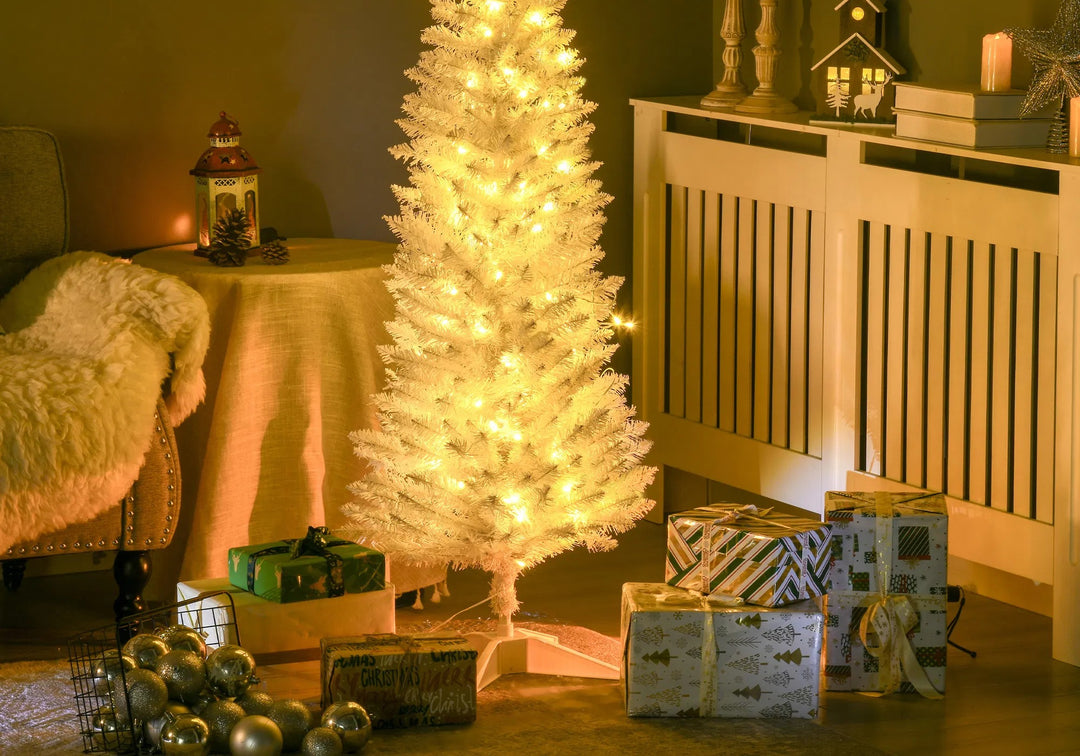 Small white pencil Christmas tree with lights