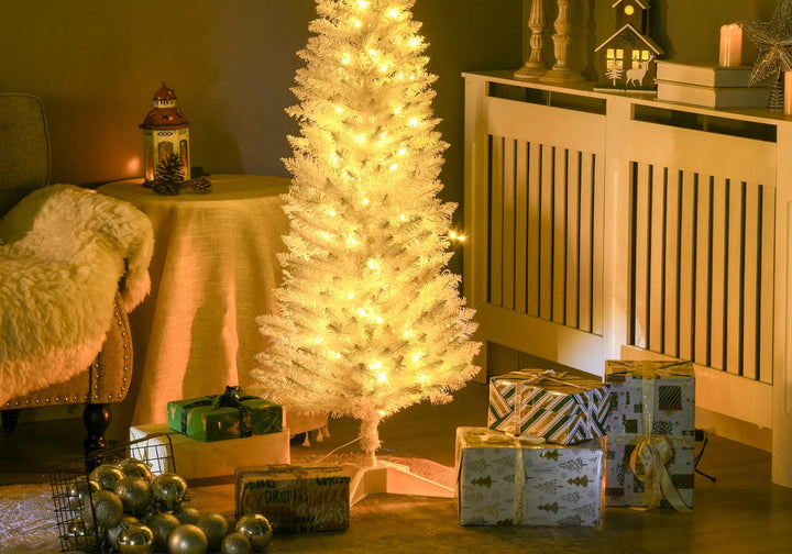 Small white pencil Christmas tree with lights