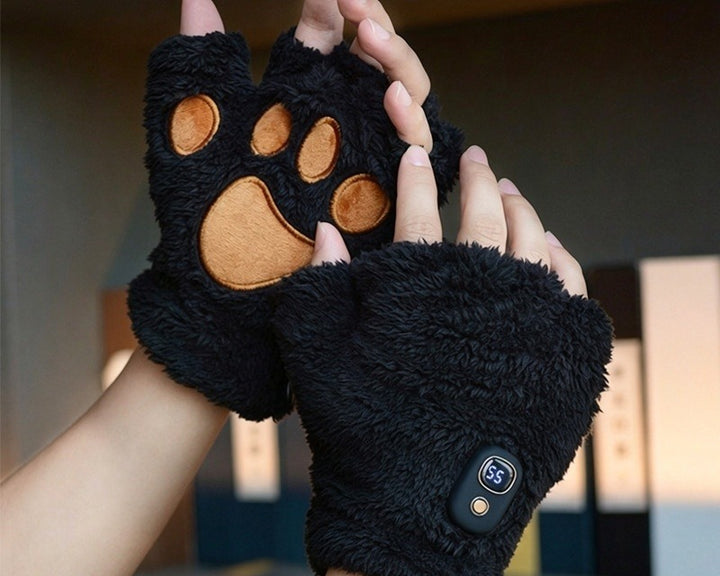 White plush heated cat paw fingerless gloves