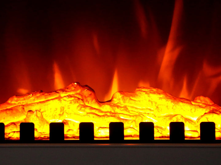 White log burner style electric fireplace with flames
