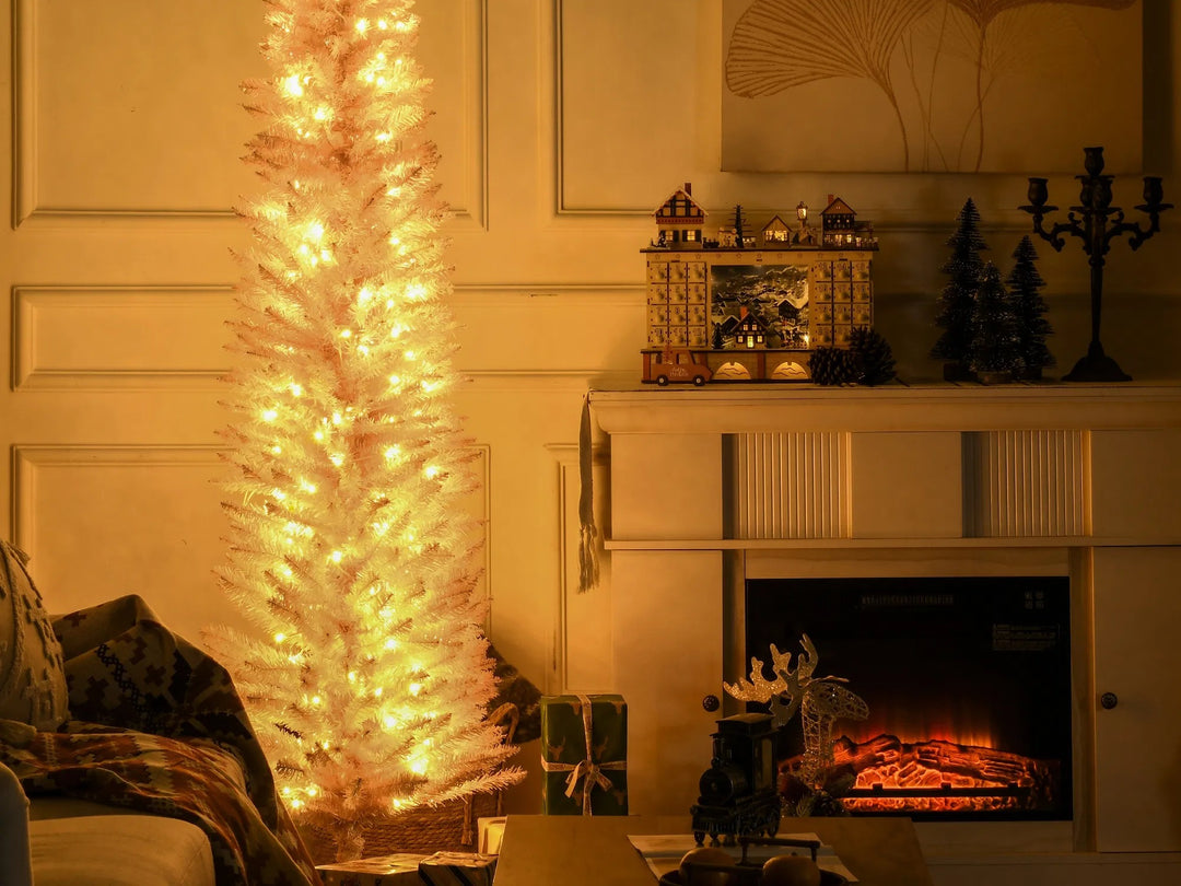 Tall pink pencil Christmas tree with warm lights