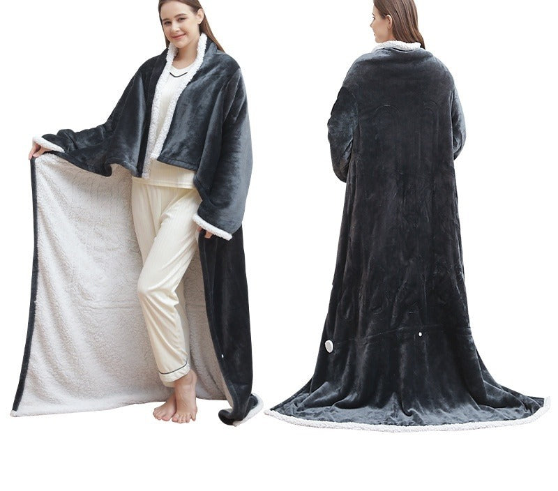 Gray wearable heated blanket with sleeves