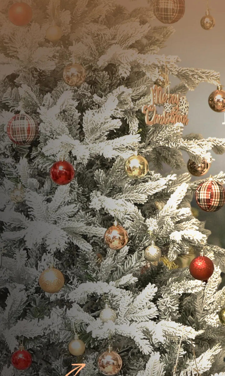 Tall full snow flocked spruce Christmas tree