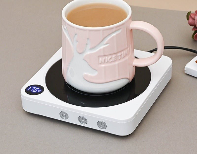 Wood grain mug warmer with coffee cup