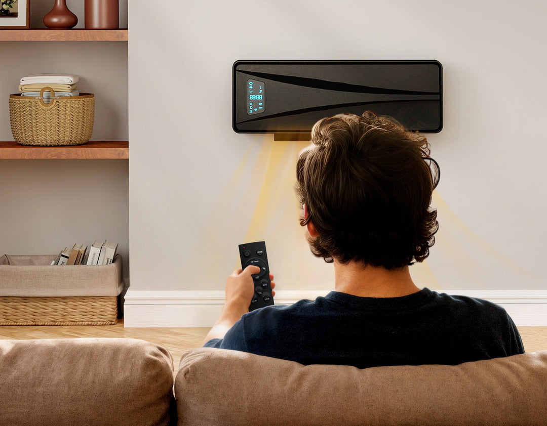 Black wall-mounted fan heater with LED display