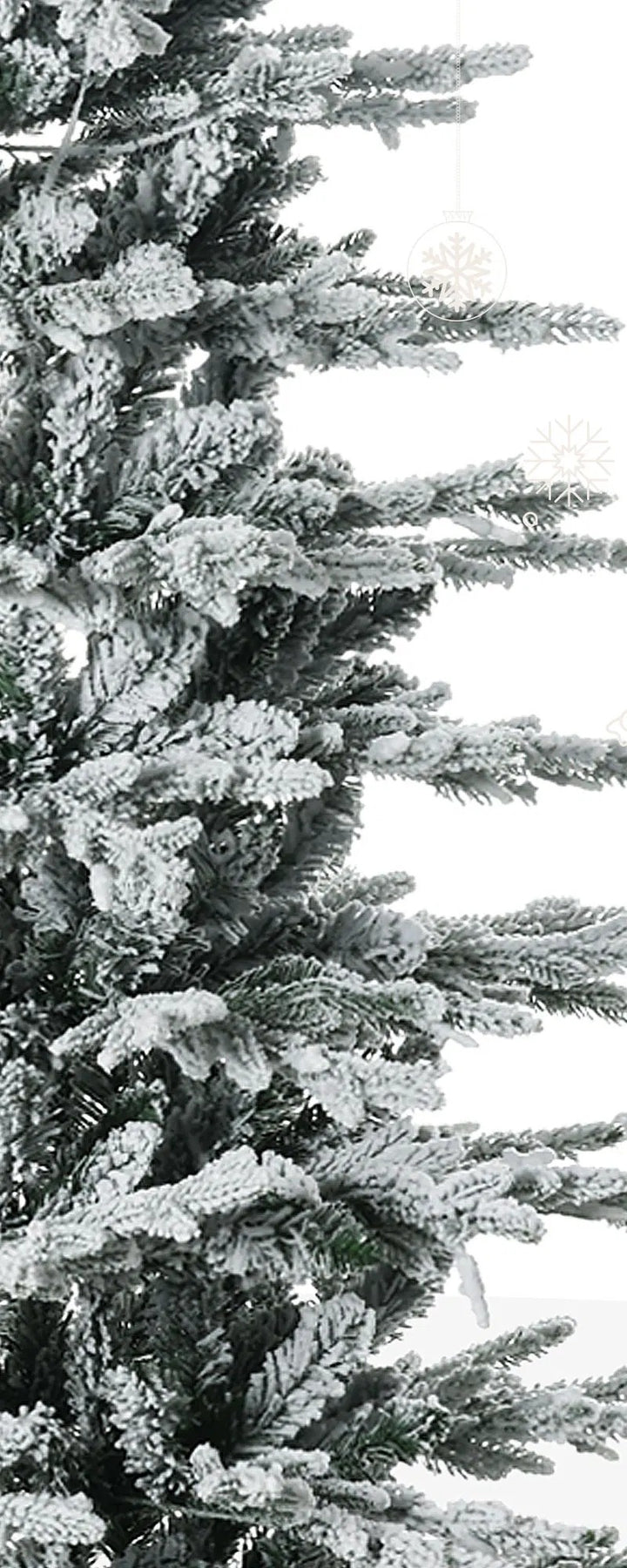 Tall snow flocked Christmas tree with lights