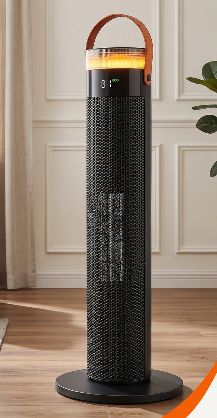 Black slim tower heater with glowing LED ring