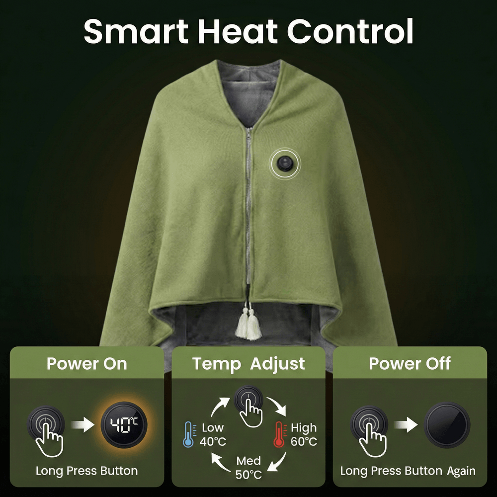 Heated Cotton Shawl Wrap with 8 Heat Zones and USB Power – Hendrano™
