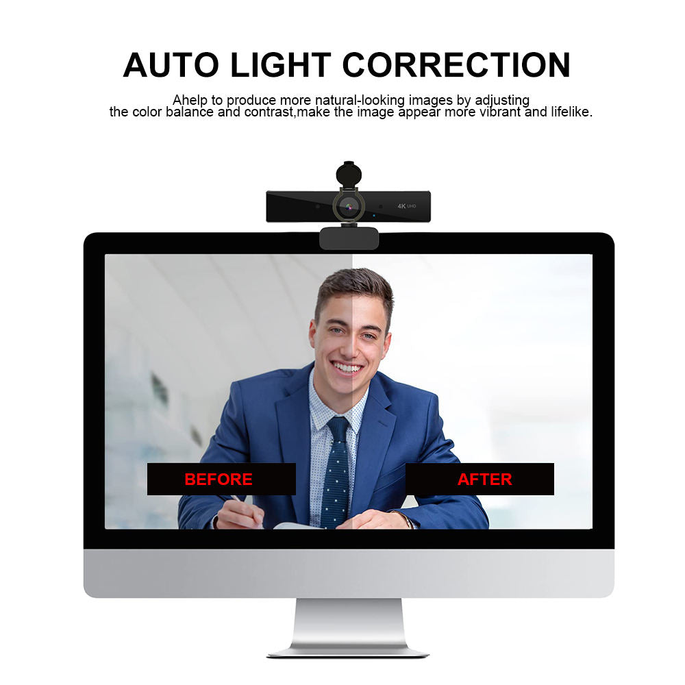 4K Webcam with Autofocus, Built-In Mic and Auto Light Correction