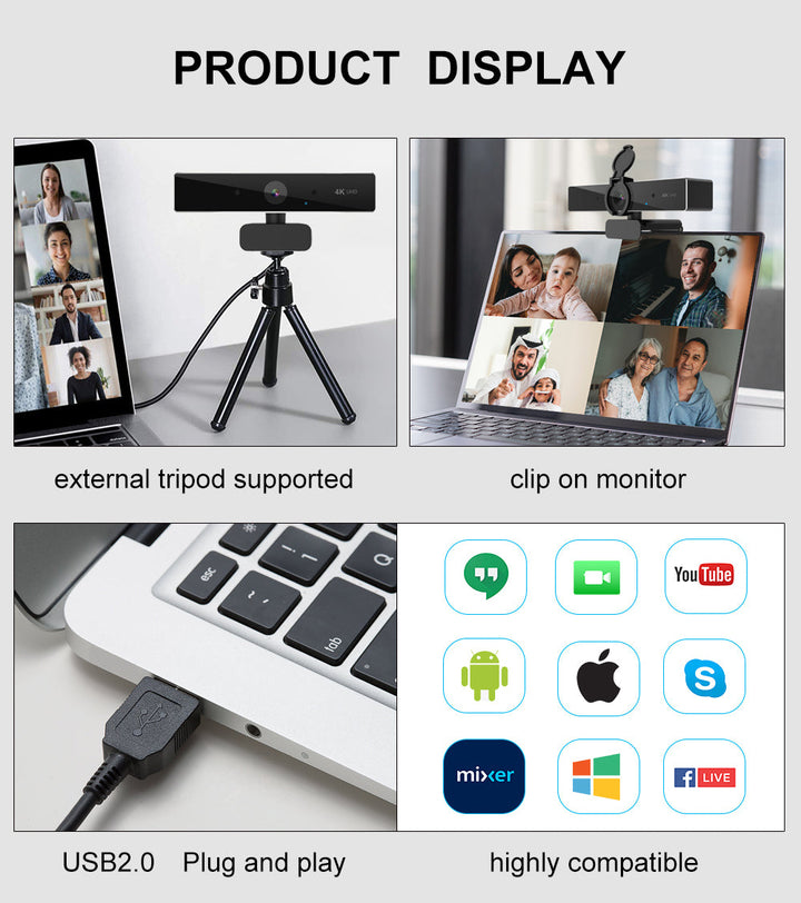 4K Webcam with Autofocus, Built-In Mic and Auto Light Correction