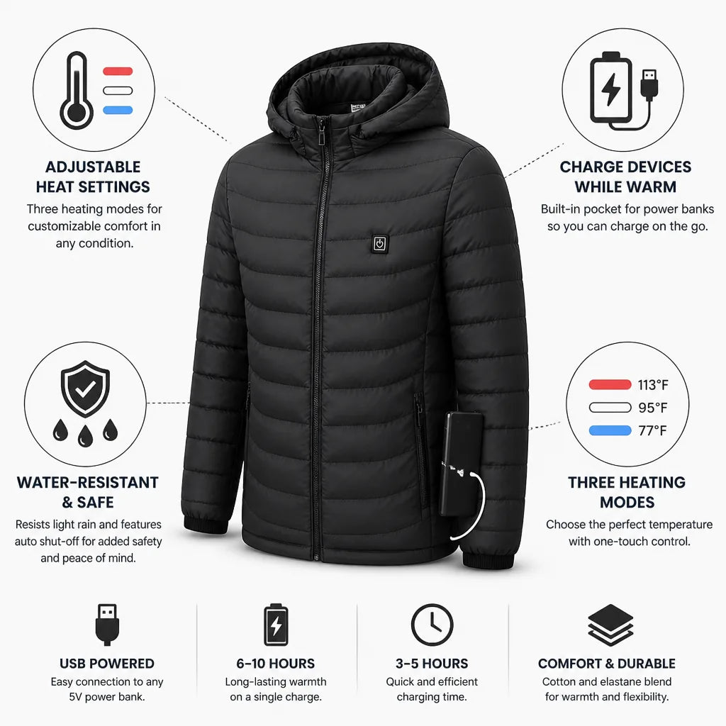Hendrano™ USB Heated Jacket with Power Bank Pocket &amp; Auto Shut-Off