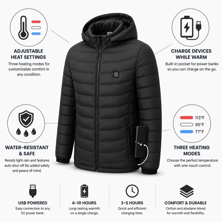 Hendrano™ USB Heated Jacket with Power Bank Pocket &amp; Auto Shut-Off