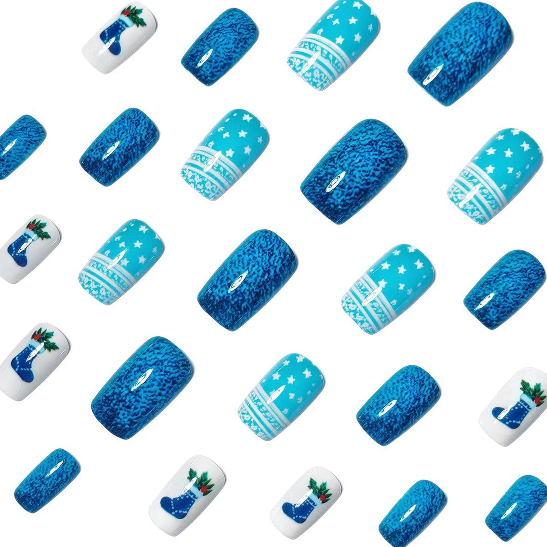 Hendrano™ Reusable Winter Press-On Nails with Snowy Blue Designs
