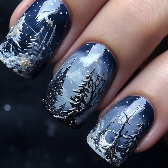 Hendrano™ Artistic Winter Landscape Press-On Nails in Slate Gray