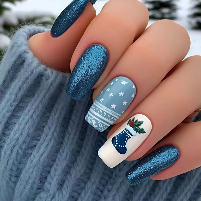 Hendrano™ Reusable Winter Press-On Nails with Snowy Blue Designs