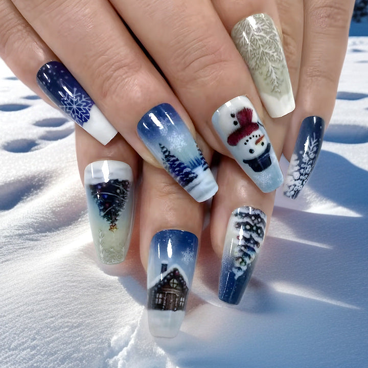 Artistic Winter Press-On Nails with Frosty Tree Scenes