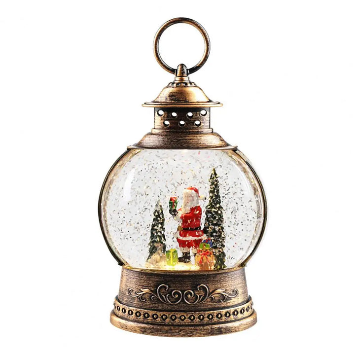Lunavera Christmas Snow Globe Lantern | Music Box with LED Light &amp; Glitter | Vintage Gold Design | USB &amp; Battery Operated | 21–26 cm