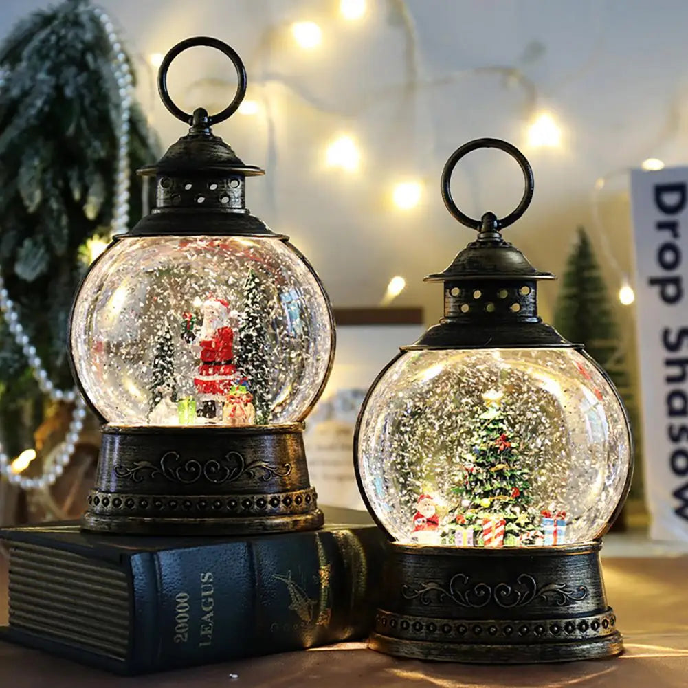 Lunavera Christmas Snow Globe Lantern | Music Box with LED Light &amp; Glitter | Vintage Gold Design | USB &amp; Battery Operated | 21–26 cm