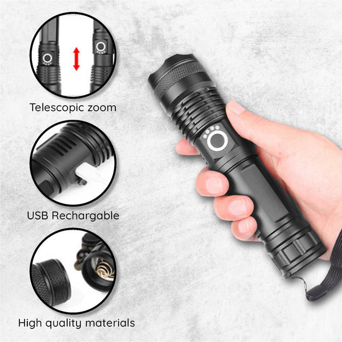 Hendrano™ Rechargeable LED Flashlight with Zoom, Waterproof Aluminum Body