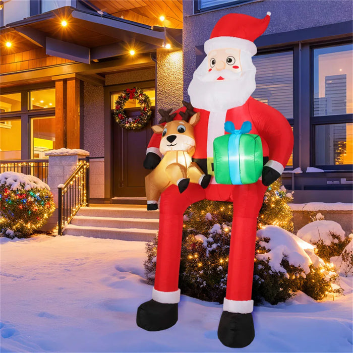 Hendrano 9.5 Ft Inflatable Sitting Santa with Reindeer and Gift Box