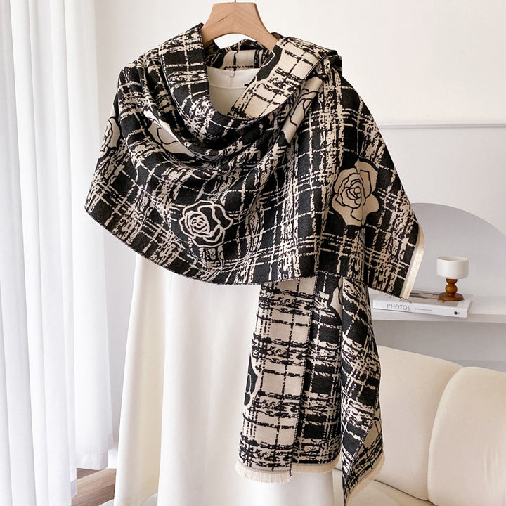 Wine red plaid shawl with roses