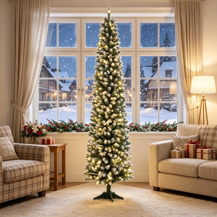 Hendrano 7 ft Slim Frosted Pencil Christmas Tree with 220 LEDs