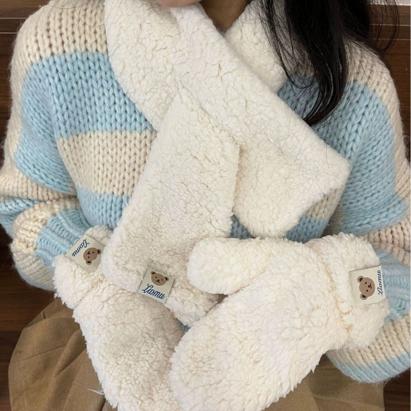 Teddy mittens and scarf set in beige