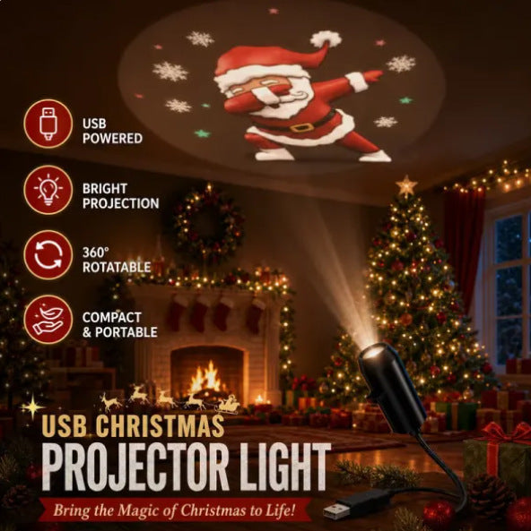 USB projector casting Christmas patterns on a ceiling
