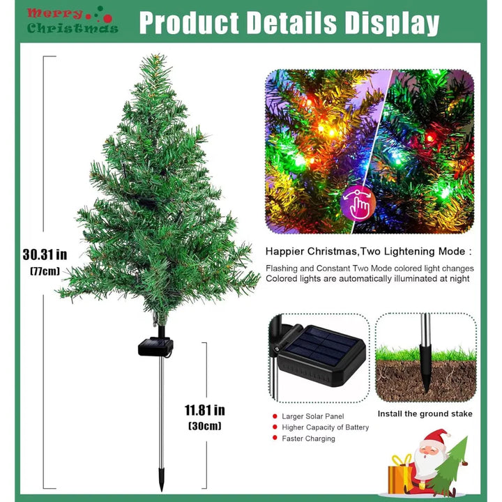 Four solar mini Christmas trees glowing along a path