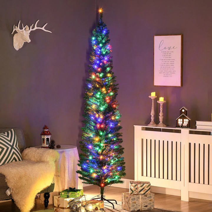 Slim green pencil tree with multicolor lights