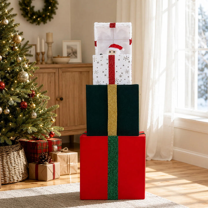 Stacked lighted Christmas gift boxes