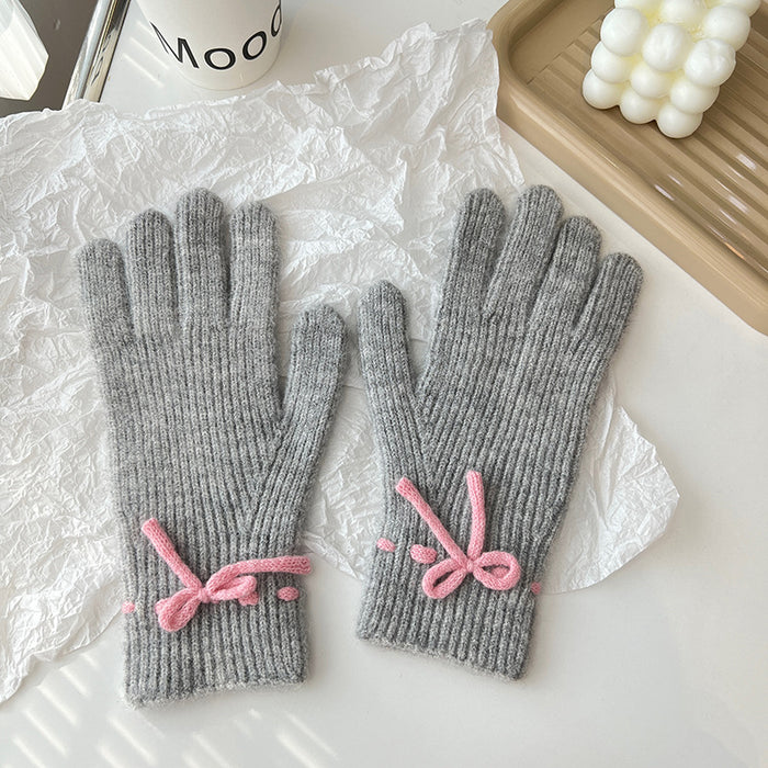 Hendrano Ribbed Knit Touchscreen Gloves with Bow Detail