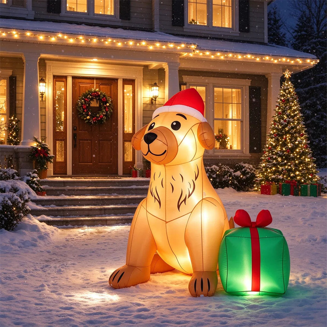 Inflatable golden retriever with Santa hat