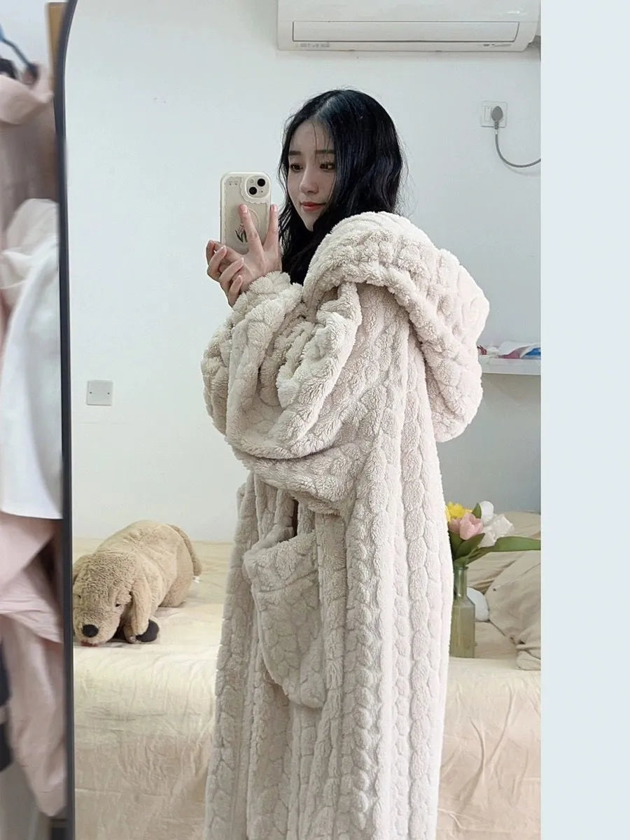 Long Hooded Bathrobe for Women with Pockets – Soft and Cozy