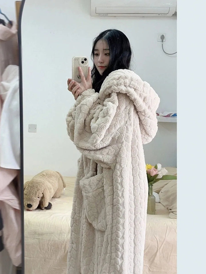 Long Hooded Bathrobe for Women with Pockets – Soft and Cozy