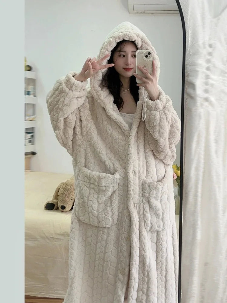 Long Hooded Bathrobe for Women with Pockets – Soft and Cozy