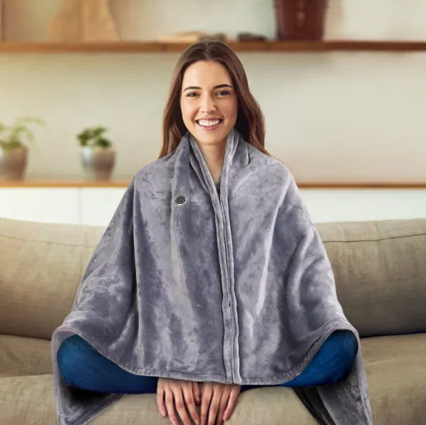 Gray heated poncho wrap with zipper
