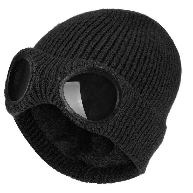 Knit beanie with flip-up goggles on front