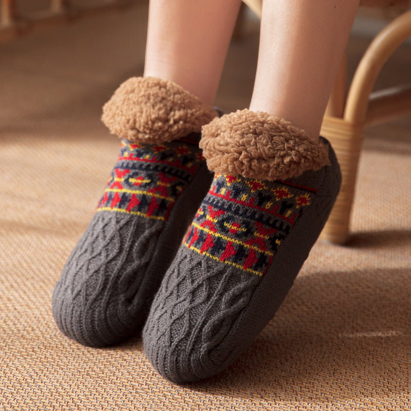 Knit slipper socks with fleece cuff