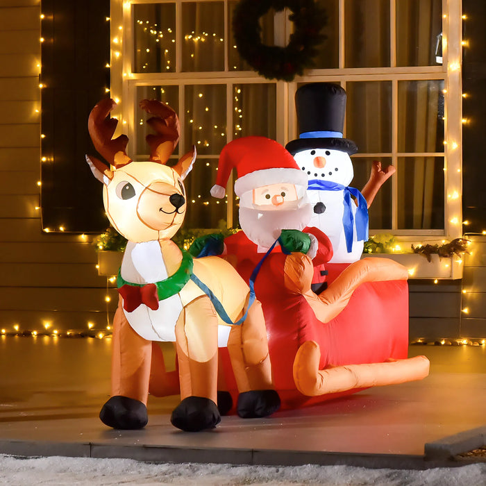 Hendrano Inflatable Santa Sleigh with Reindeer and Snowman, 6.5 ft