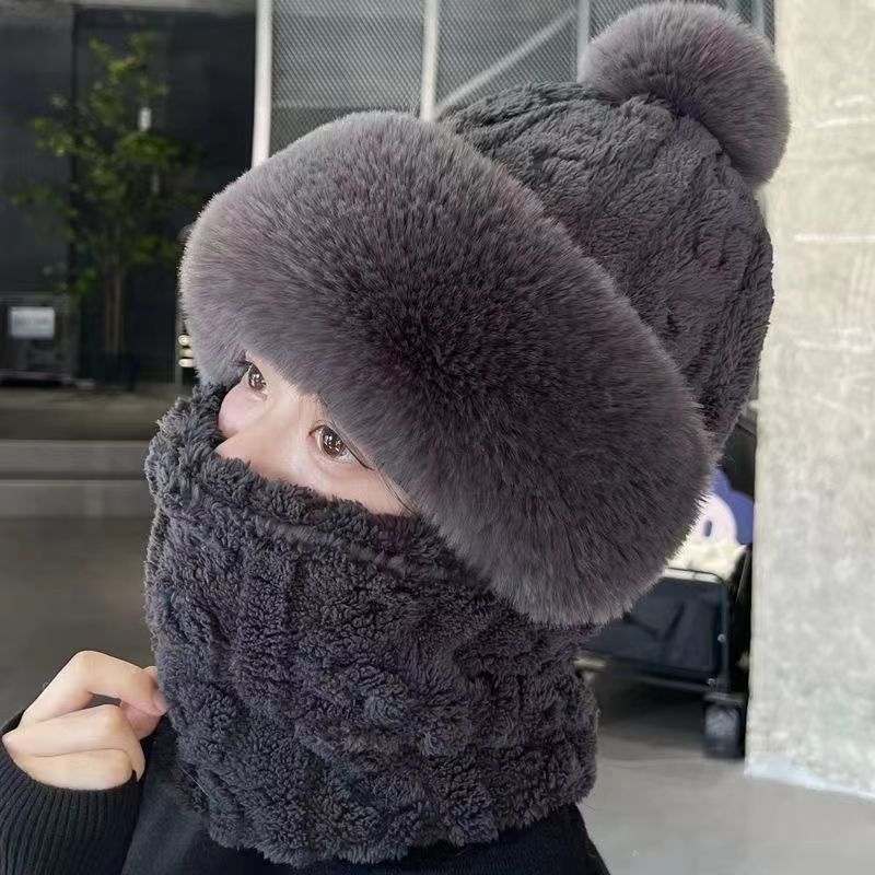 Pink plush hood hat with neck warmer