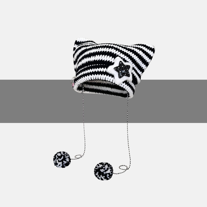 Hendrano Striped Cat Ear Beanie with Star or Pompom Ties