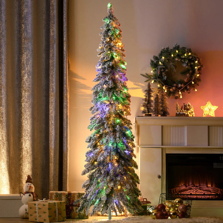 Flocked pencil Christmas tree with color lights
