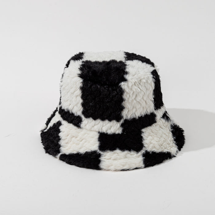 Hendrano Checkerboard Teddy Plush Bucket Hat, Windproof