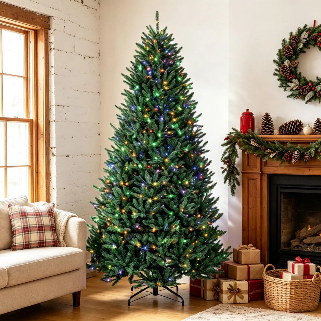 Full 9 ft pre-lit Christmas tree glowing