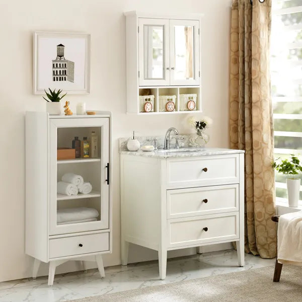White mirrored bathroom wall cabinet with baskets