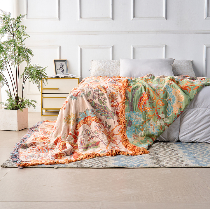 Boho Floral Cotton Throw Blanket with Fringe, Cream and Orange