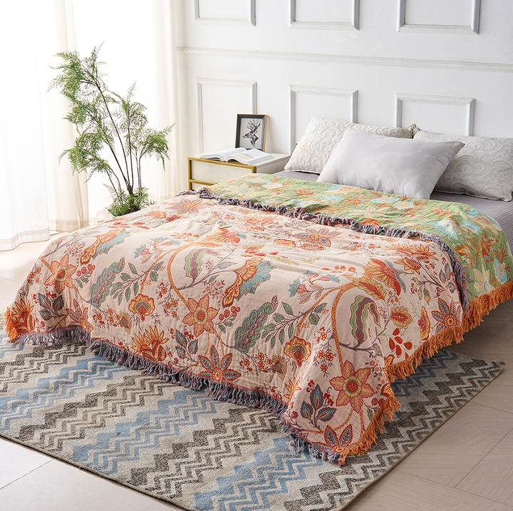 Boho Floral Cotton Throw Blanket with Fringe, Cream and Orange