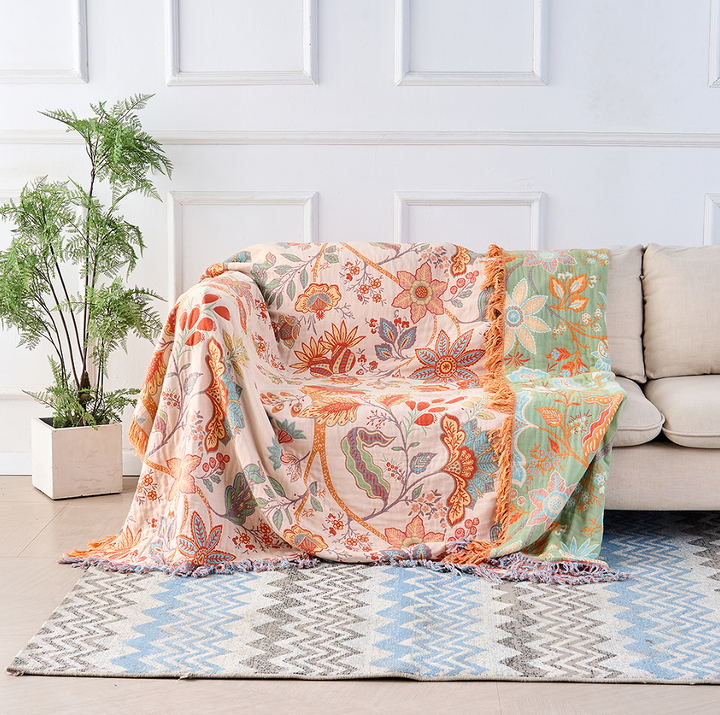 Boho Floral Cotton Throw Blanket with Fringe, Cream and Orange