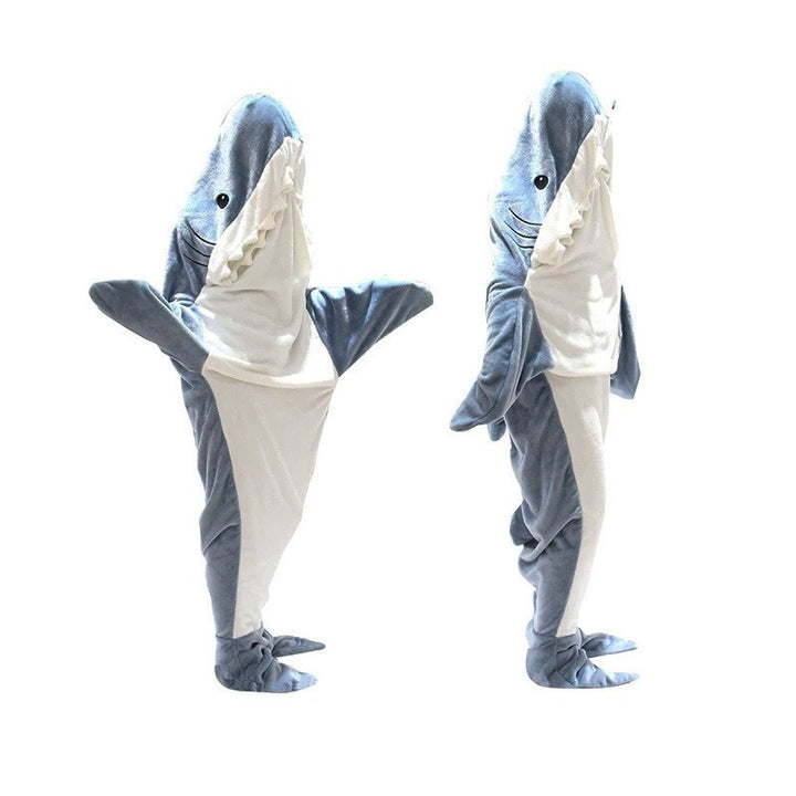 Person wearing a gray shark blanket hoodie
